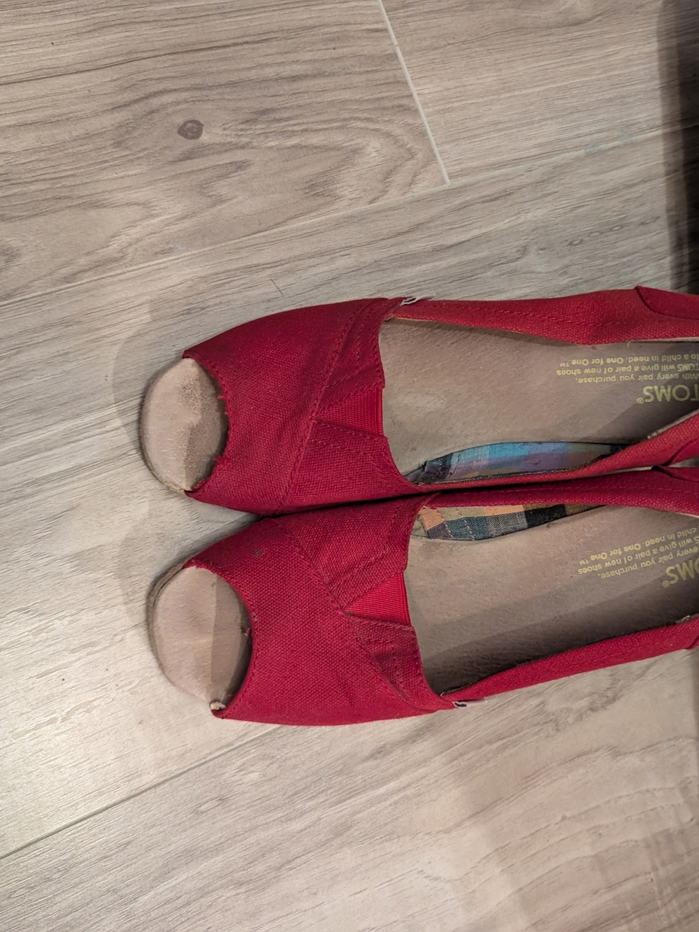 Toms Red Canvas Peep-Toe Slip-On Flats